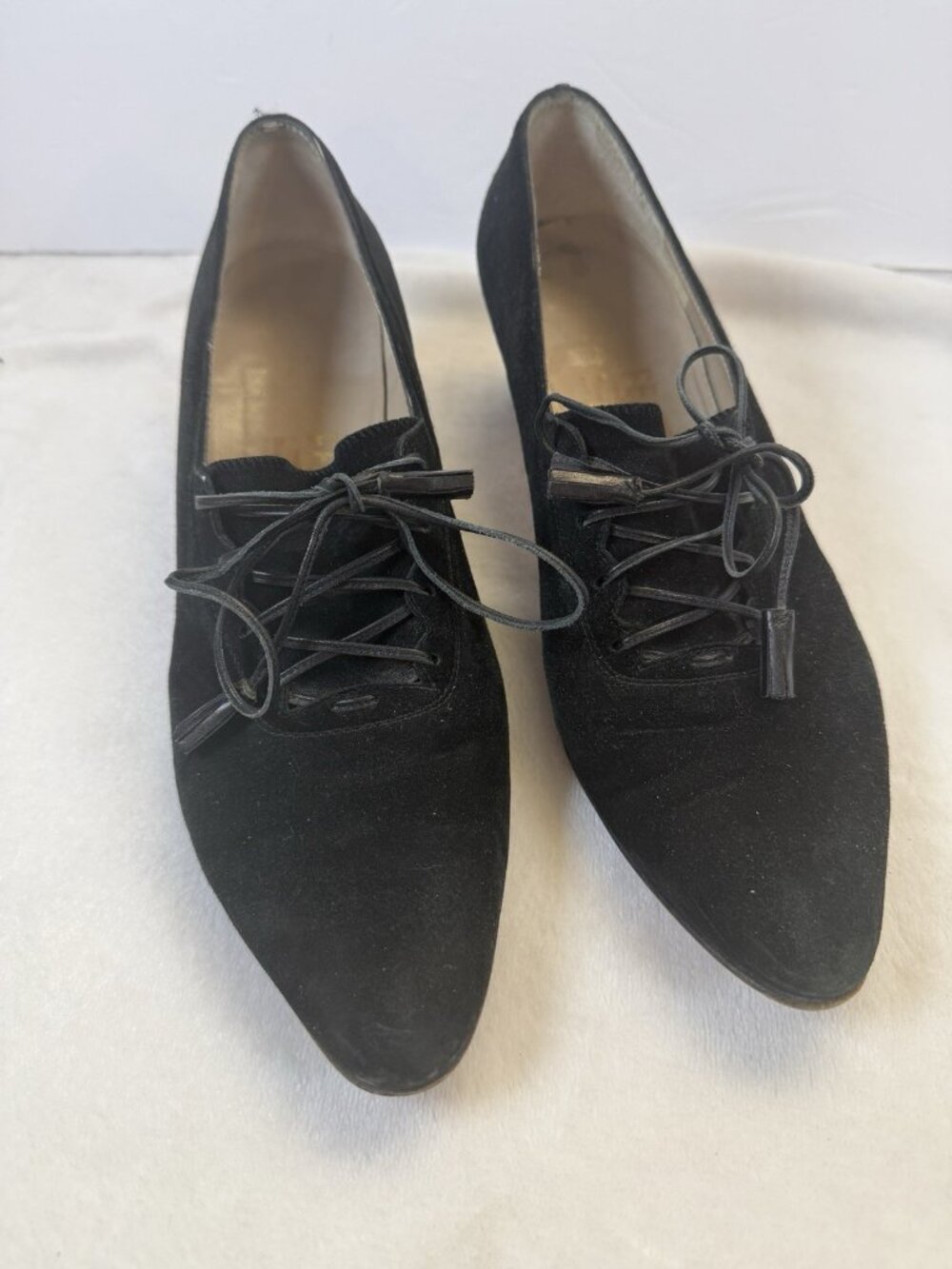 Salvatore Ferragamo Black Suede Granny Steampunk Oxford Lace-Up 10 B Vtg Kitten